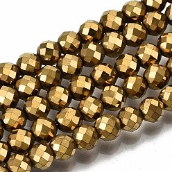 Golden Plated Electroplate Non-magnetic Synthetic Hematite Beads Strands, Round, Faceted, Golden Plated, 4mm, Hole: 1mm, about 108pcs/strand, 15.67 inch~15.91 inch(39.8cm~40.4cm)