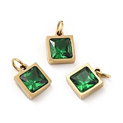 Green Vacuum Plating 304 Stainless Steel Pendants, with Cubic Zirconia and Jump Rings, Single Stone Charms, Square, Golden, Green, 9.5x8x3.5mm, Hole: 3.4mm