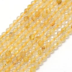 Rutilated Quartz Natural Gold Rutilated Quartz Beads Strands, Round, Faceted, 3mm, Hole: 0.5mm, about 113pcs/strand, 15.35 inch(39cm)