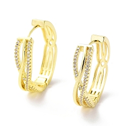 Real 18K Gold Plated Clear Cubic Zirconia Criss Cross Hoop Earrings, Brass Jewelry for Women, Real 18K Gold Plated, 25x26.5x6.5mm, Pin: 0.7mm