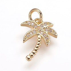 Golden Brass Micro Pave Cubic Zirconia Pendants, Coconut Tree Charms, Golden, 14x10x1.5mm, Hole: 3mm