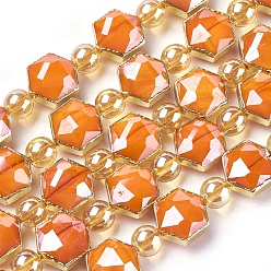 Dark Orange Opaque Glass Beads Strands, with Golden Tone Brass Findings, Pearl Luster Plated, Faceted, Hexagon, Dark Orange, 12x10.5x7~7.5mm, Hole: 1.2mm, about 10pcs/strand, 6.81 inch (17.3cm)