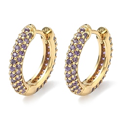 Лиловый Латунные микро проложить серьги обруча кубического циркония, без кадмия и без свинца, долговечный, стойки покрытие, реальный 18 k позолоченный, сирень, 16.5x17x3.5 мм