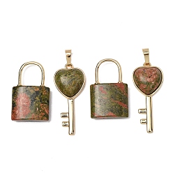 Unakite Natural Unakite Beaded Pendants, Lock and Key Charms, with Golden Brass Findings, 31.5~32.5x20~20.5x7.5mm, Hole: 11x12mm