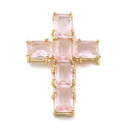 Pink Латунь стекло кулоны, крест прелести, стойки покрытие, долговечный, без свинца и без кадмия, реальный 18 k позолоченный, граненые, розовые, 29.5x20.5x6.5 мм, отверстие : 4x2.5 мм