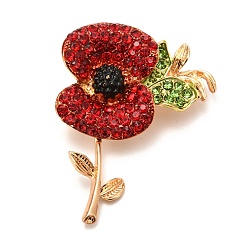 Light Gold Alloy Brooches, with Rhinestone, Remembrance Poppy Flower Badge, Light Gold, 53x40.5x13.5mm, Pin: 0.6mm