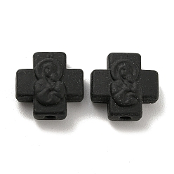 Black Spray Painted Alloy Beads, Rubberized Style, Cross with Saint, Religion, Black, 13x13x6mm, Hole: 2mm