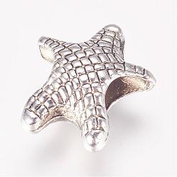 Antique Silver Alloy European Beads, Large Hole Beads, Starfish/Sea Stars, Antique Silver, 14x12.5x7mm, Hole: 5mm