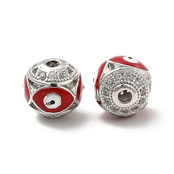 Red Brass Micro Pave Cubic Zirconia Beads, Round with Enamel Evil Eye, Platinum, Red, 10x9.5mm, Hole: 1.6mm