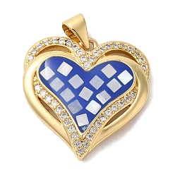 Синий Сердце латунные микро проложить кубического циркония подвески, с эмалью и ракушкой, долговечный, без свинца и без кадмия, реальный 18 k позолоченный, синие, 21x21x4 мм, отверстие : 4x5 мм