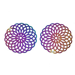 Rainbow Color Ion Plating(IP) 201 Stainless Steel Filigree Joiners Links, Etched Metal Embellishments, Flower, Rainbow Color, 40x40x0.3mm