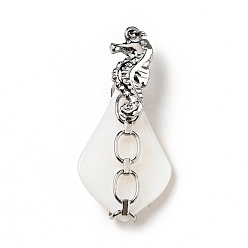 White Natural White Shell Pendants, Teardrop Charm, with Stainless Steel Color Plated 304 Stainless Steel Sea Horse Findings and Jump Ring, White, 35~41x18~20x8~10mm, Jump Ring: 4x0.7mm, Inner Diameter: 2.6mm