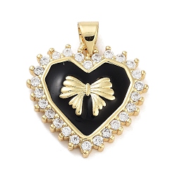 Черный Стойка металлическая латунная микропрофилированная кубическая циркония подвески, с эмалью, долговечный, без свинца и без кадмия, реальный 18 k позолоченный, сердце с бантом, чёрные, 20.5x20x3.5 мм, отверстие : 5x3.5 мм
