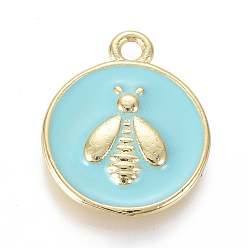 Голубой Золотые подвески оцинкованные латунь эмаль, плоские круглые с пчелой, голубой, 16x13x2 мм, отверстие : 1.6 мм