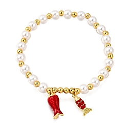 Красный Латунные браслеты из кубического циркония, рыба, с эмалью, ABS имитация жемчуга, стойки покрытие, долговечный, без свинца и без кадмия, реальный 18 k позолоченный, красные, внутренний диаметр: 2 дюйм (5.15 см)