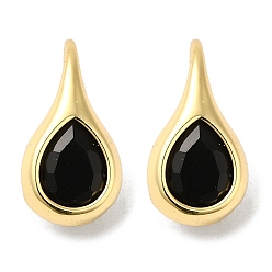 Black Rack Plating Real 18K Gold Plated Brass Teardrop Dangle Earrings, with Cubic Zirconia, Long-Lasting Plated, Lead Free & Cadmium Free, Black, 17.5x9x9mm
