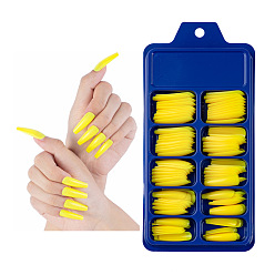 Желтый 100шт 10 размер трапециевидной формы пластиковые накладные ногти, пресс с полным покрытием на накладных ногтях, нейл-арт съемный маникюр, аксессуары для украшения ногтей для практики маникюра, желтые, 26~32x7~14 мм, 10шт / размер
