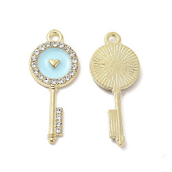 Небесно-голубой Подвески из эмали и сплава, с кристально горный хрусталь, ключи с сердечками, золотые, голубой, 31x12.5x2 мм, отверстие : 1.8 мм