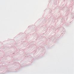 Pearl Pink Transparent Glass Bead Strands, Faceted Teardrop, Pearl Pink, 8x6mm, Hole: 1mm, about 66~68pcs/strand, 19.6 inch