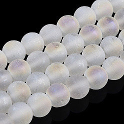 WhiteSmoke Transparent Frosted Glass Bead Strands, AB Color Plated, Round, WhiteSmoke, 8x7mm, Hole: 1mm, about 51~55pcs/strand, 14.37~15.55 inch(36.5~39.5cm)