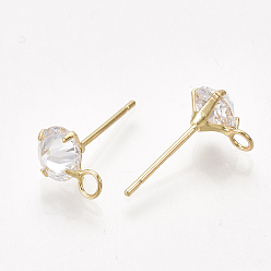 Real 18K Gold Plated Brass Stud Earring Findings, with Cubic Zirconia and Loop, Clear, Real 18K Gold Plated, 10x6.5mm, Hole: 2mm, Pin: 0.8mm