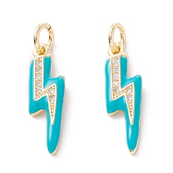 Medium Turquoise Brass Micro Pave Clear Cubic Zirconia Pendants, with Enamel & Jump Ring, Long-Lasting Plated, Lightning Bolt, Real 18K Gold Plated, Medium Turquoise, 19x5.5x2mm, Hole: 3.6mm