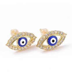 Blue Enamel Horse Eye Stud Earrings with Clear Cubic Zirconia, Gold Plated Brass Jewelry for Women, Cadmium Free & Lead Free, Blue, 8x14mm, Pin: 0.8mm