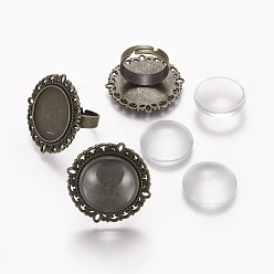 Antique Bronze DIY Ring Making, Vintage Adjustable Iron Ring Components, with Clear Glass Cabochons, Flat Round, Antique Bronze, Tray: 20mm, Ring: Size 7, 17mm, Cabochon: 19.5~20x5.5mm, 2pcs/set