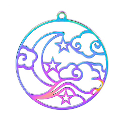 Rainbow Color 304 подвески из нержавеющей стали, лазерная резка, плоский круглый шарм со звездой, луной и облаком, Радуга цветов, 30x28 мм