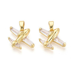 Настоящее золото 18K Латунные микро проложить кубического циркония подвески, прелести самолета, реальный 18 k позолоченный, 13.5x17x3.5 мм, отверстие : 4.5x2.5 мм