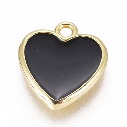 Black Golden Plated Brass Charms, with Enamel, Heart, Black, 15x13x2mm, Hole: 1.6mm