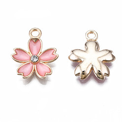 Светло-Коралловый Подвески из эмали и сплава, с кристально горный хрусталь, цветок сакуры, золотой свет, свет коралловый, 17x14x3 мм, отверстие : 1.8 мм