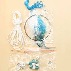 Light Sky Blue Iron Woven Web/Net with Feather Pendant Decorations, with Wood Beads, Covered with Cotton Lace and Villus Cord, Flat Round, Light Sky Blue, 80mm