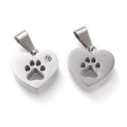 Stainless Steel Color 304 Stainless Steel Charms, with Rhinestone, Manual Polishing, Heart with Hollow Dog Footprint, Stainless Steel Color, 13.5x14x3.5~4mm, Hole: 3x7mm