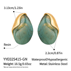 Зеленый Овальные 304 серьги-гвоздики из нержавеющей стали и смолы, реальный 18 k позолоченный, зелёные, 31.1x22 мм