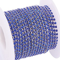 Sapphire Brass Rhinestone Strass Chains, with Spool, Rhinestone Cup Chain, about 2880pcs Rhinestone/bundle, Grade A, Silver Color Plated, Sapphire, 2mm, about 10yards/roll