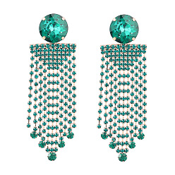Green Sparkling Rhinestone Tassel Earrings for Women - Long Chain Circle Glass Gems Dangle Ear Jewelry