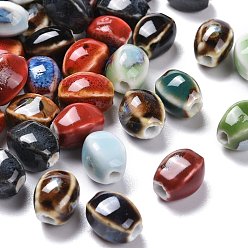 Mixed Color Handmade Porcelain Beads, Fancy Antique Glazed Porcelain, Oval, Mixed Color, 12~14x9~10.5x9~11mm, Hole: 2.5mm