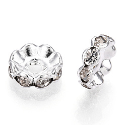 Silver Brass Rhinestone Spacer Beads, Grade A, Waves Edge, Rondelle, Silver Color Plated, Clear, Size: about 7mm in diameter, 3.5mm thick, hole: 1.5mm