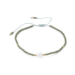 Gris Oliva Nylon ajustable pulseras de cuentas trenzado del cordón, con cuentas de semillas japonesas y perlas, verde oliva, 2 pulgada ~ 2-3/4 pulgada (5~7.1 cm)
