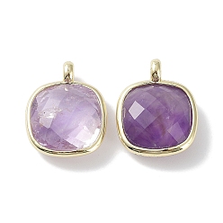 Amethyst Natural Amethyst Pendants, Faceted Square Charms, with Golden Plated Brass Edge Loops, 16.5x13x6mm, Hole: 2.2mm