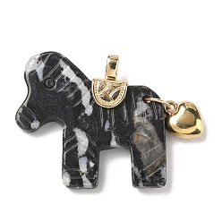 Джаспер Зебра Подвески из натуральной зебровой яшмы с резьбой, Подвески в виде лошади с латунным сердцем, золотые, 37.5~38.5x38.5~42x8~8.5 мм, отверстие : 5.5x3.5 мм