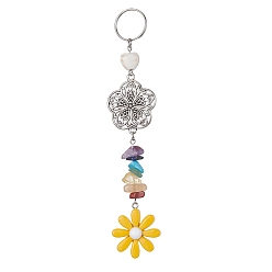 Gold Flower Resin Keychains, with Chakra Gemstone Chip and 304 Stainless Steel Split Key Rings and Tibetan Style Alloy Links, Gold, 14.5cm
