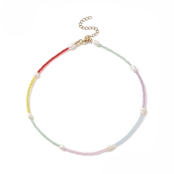 Colorful Glass Seed Bead & Natural Cultured Freshwater Pearl Beaded Necklaces for Women, with Stainless Steel Findings, Colorful, 14.29 inch(36.3cm), 2.5mm