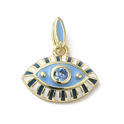 Teal Brass Enamel Charms, with Glass, Real 18K Gold Plated, Eye Charm, Teal, 11.5x15x3.8mm, Hole: 4.5x1.5mm