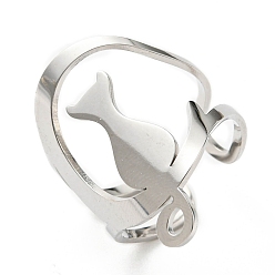 Stainless Steel Color 304 Stainless Steel Open Cuff Ring, Moon with Cat, Stainless Steel Color, Inner Diameter: 17mm