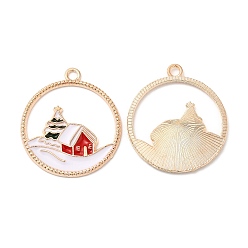 House Christmas Zinc Alloy Enamel Pendants, Light Gold, Ring Charm, House, 28x25x1.5mm, Hole: 2mm