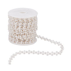 White Flower ABS Plastic Imitation Pearl Beaded Trim Garland Strands, with Spool, Glass Rhinestones, for Wedding, White, 9x3mm, about 10yards/roll