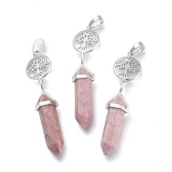 Rhodochrosite Natural Rhodochrosite Pointed Big Pendants, with Platinum Plated Brass Findings, Faceted, Bullet & Tree of Life, 59~67x14~15mm, Hole: 7x5mm