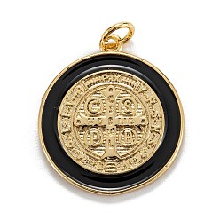 Black Brass Enamel Pendants, Real 18K Gold Plated, Long-Lasting Plated, Saint Benedict Medal Charms, Black, 23x20.5x2mm, Hole: 3mm, Jump Ring: 5x0.8mm